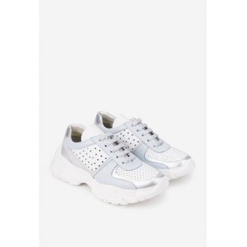 Pantofi dama albi cu bleu din piele naturala cu insertii sclipitoare