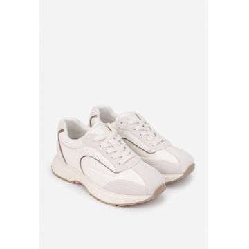 Pantofi dama  albi cu gri deschis din piele si material textil