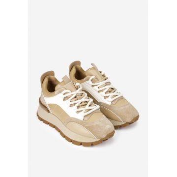 Pantofi dama  bej cu alb din piele si material textil