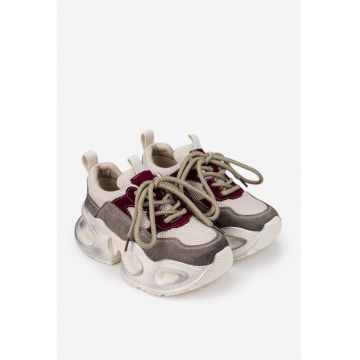 Pantofi dama  bej cu bordo din piele intoarsa si material textil