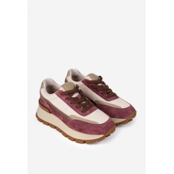 Pantofi dama  bej cu mov din piele si material textil