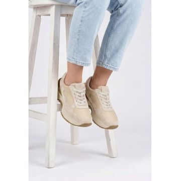Pantofi dama  bej din piele intoarsa si material textil