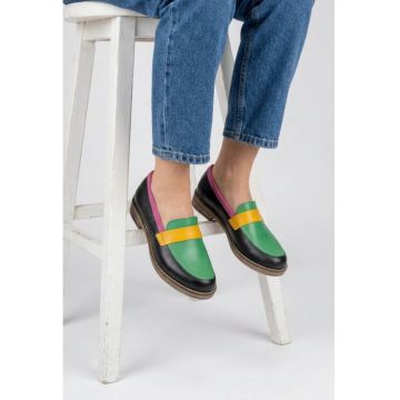 Pantofi dama bleumarin cu detalii colorate din piele naturala