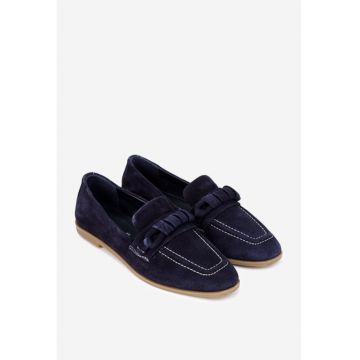Pantofi dama bleumarin din piele intoarsa cu ornament