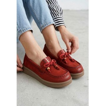 Pantofi dama  bordo din piele nabuc cu ornament