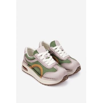 Pantofi dama  din piele bej cu verde