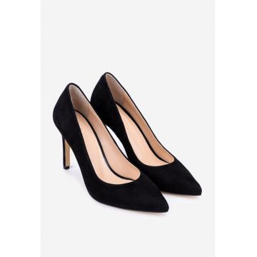 Pantofi dama  din piele intoarsa neagra cu toc subtire