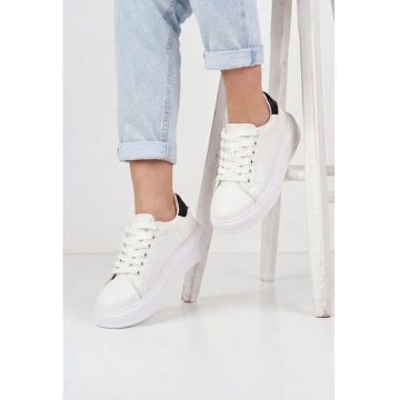 Pantofi dama  din piele naturala alba cu negru