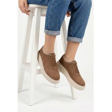 Pantofi dama maro din piele intoarsa - 31542 - Maro deschis