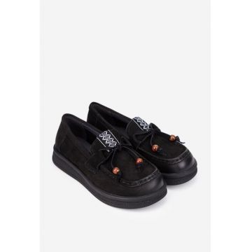 Pantofi dama  negri din piele nabuc cu ornament
