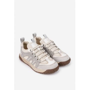 Pantofi dama NUR bej cu gri din piele si material textil