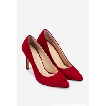 Pantofi dama NUR din piele intoarsa rosie cu toc subtire