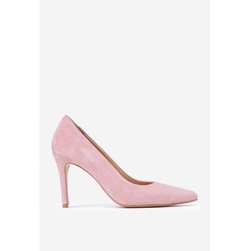 Pantofi dama NUR din piele intoarsa roz pudra cu toc subtire