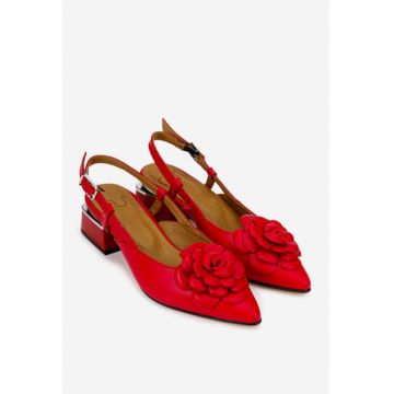 Pantofi dama NUR rosii din piele naturala cu floare
