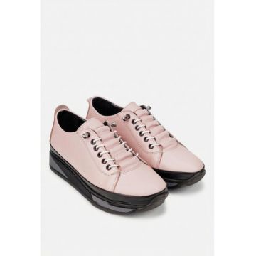Pantofi dama roz pudra din piele naturala cu siret elastic