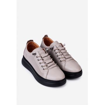 Pantofi dama taupe din piele cu siret elastic si talpa neagra