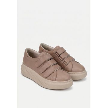 Pantofi dama taupe din piele naturala cu inchidere velcro