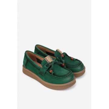 Pantofi dama  verzi din piele nabuc cu ornament