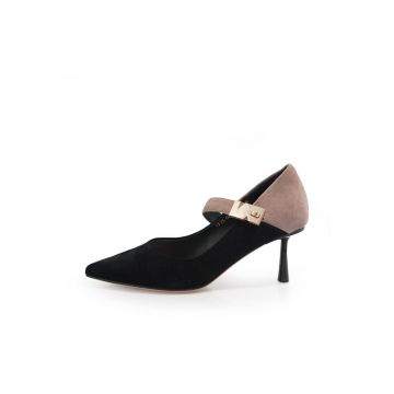 Pantofi Mary-Jane din piele intoarsa cu toc stiletto - Negru/Bej