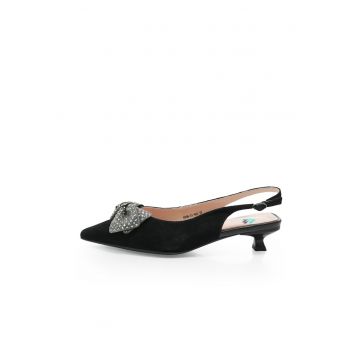 Pantofi slingback cu toc kitten si aplicatie cu funda - Negru