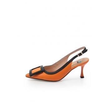 Pantofi slingback din piele cu detalii contrastante - Portocaliu