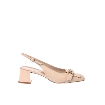 Pantofi slingback din piele cu varf patrat si toc - Crem