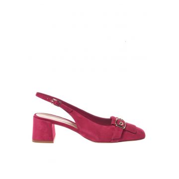 Pantofi slingback din piele intoarsa cu varf patrat si toc - Fucsia