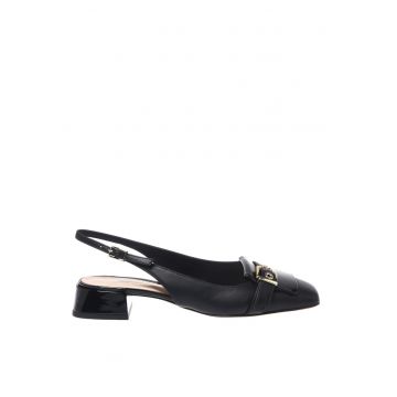 Pantofi slingback din piele intoarsa cu varf patrat si toc kitten - Negru