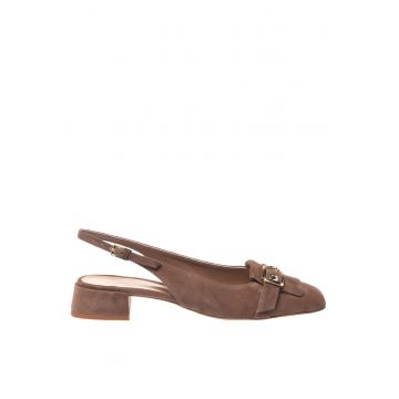 Pantofi slingback din piele intoarsa cu varf patrat si toc - Maro taupe