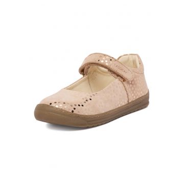 Balerini Fete -  piele naturala - buline - bej - sistem inchidere velcro