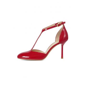 Pantofi din piele lacuita cu bareta in forma de T - Rosu