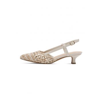 Pantofi slingback cu toc si aspect crosetat - Alb/Maro nisip