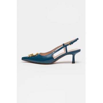 Pantofi slingback de piele cu varf ascutit - Albastru petrol