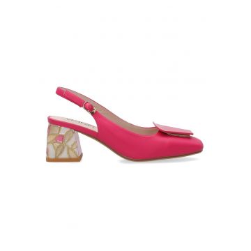 Pantofi slingback din piele uni cu toc masiv