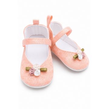 Balerini bebe roz piersica eleganti cu floricele decorative pentru fetite
