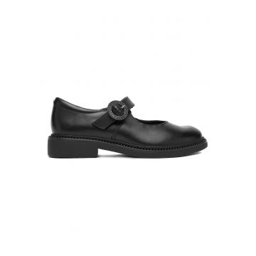 Balerini dama -  piele naturala - negru - talpa solida - inchidere cu catarama