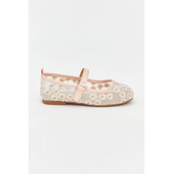 Balerini Mary Jane cu broderie - Alb fildes/Piersica
