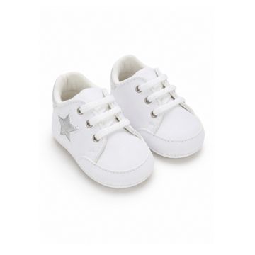 Pantofi bebe albi casual cu siret si aplicatie stea comozi