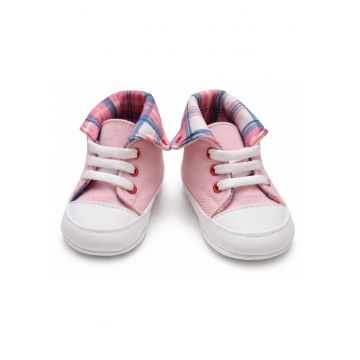 Pantofi bebelusi roz cu siret talpa flexibila guler carouri stil sport casual - Roz cu alb