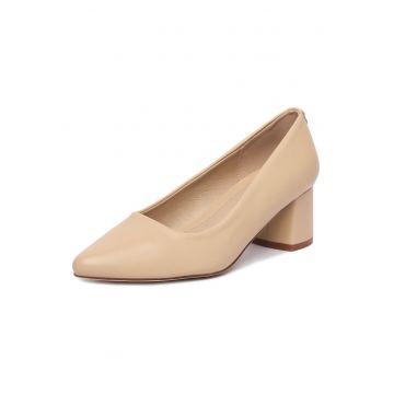 Pantofi dama -  piele ecologica - bej - toc stabil tip bloc