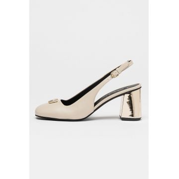 Pantofi slingback de piele cu toc masiv - Auriu/Bej deschis