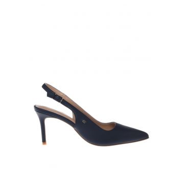 Pantofi slingback de piele cu varf ascutit - Albastru inchis
