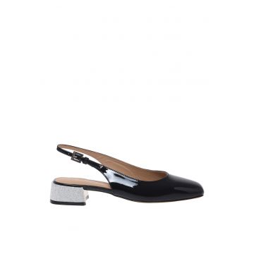 Pantofi slingback din piele lacuita cu toc kitten - Negru