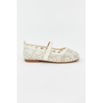 Balerini Mary Jane cu broderie - Alb fildes