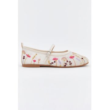 Balerini Mary Jane cu varf patrat si broderie florala - Visiniu/Alb fildes/Fucsia