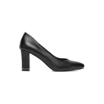 Pantofi dama -  piele naturala - negru - tocul bloc - varf ascutit -