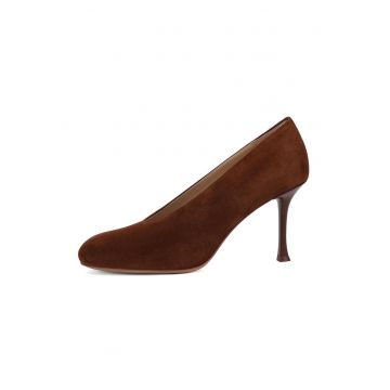 Pantofi din piele cu varf rotund si toc stiletto - Maro