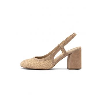 Pantofi slingback cu garnituri din piele intoarsa si toc masiv - Maro nisip