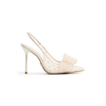 Pantofi slingback cu toc inalt si aplicatie cu margele Anastasiaa - Alb murdar