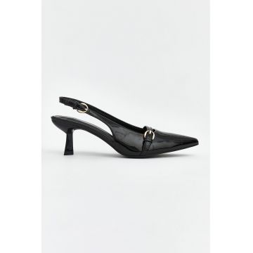 Pantofi slingback de piele lacuita cu varf ascutit - Auriu/Negru